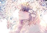  1boy blue_eyes cape cherry_blossoms closed_mouth diamond_hairband fate/grand_order fate_(series) from_side fur-trimmed_cape fur_trim grey_eyes jamong120 korean_commentary long_eyelashes male_focus oberon_(fate) portrait short_hair solo white_background 