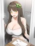  1girl absurdres black_survival blush box breasts brown_hair camisole cleavage doorway eternal_return:_black_survival green_eyes gweon_sua hair_ornament highres kisa_(leg3043) large_breasts leaf_hair_ornament long_hair looking_at_viewer open_door open_mouth pov_doorway smile solo strap_slip teeth trembling upper_teeth_only very_long_hair white_camisole 