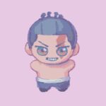  1boy black_hair chibi commentary full_body grin jujutsu_kaisen looking_at_viewer male_focus muiboido outstretched_arms pink_background scar scar_across_eye short_hair smile solo spread_arms straight-on tareme topless_male toudou_aoi_(jujutsu_kaisen) 