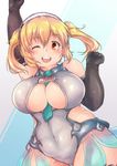  ;d between_breasts blonde_hair blush breasts cleavage commentary_request covered_navel cowboy_shot elbow_gloves gloves goodsmile_racing headphones heo huge_breasts leotard looking_at_viewer necktie necktie_between_breasts nitroplus one_eye_closed open_mouth orange_eyes plump race_queen round_teeth short_hair skin_tight smile solo super_pochaco teeth twintails 