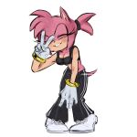 amy_rose anthro bracelet breasts chiiriipeach cleavage clothed clothing crop_top eulipotyphlan eyes_closed female footwear fur gesture gloves hair hand_gesture handwear hedgehog hi_res jewelry mammal pink_body pink_fur ponytail sega shirt shoes smile solo sonic_the_hedgehog_(series) sweatpants topwear v_sign