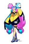  1girl :d artist_name blue_eyes bow-shaped_hair character_hair_ornament full_body grey_pantyhose hair_ornament highres iono_(pokemon) jacket long_hair long_sleeves looking_at_viewer multicolored_hair open_mouth oversized_clothes pantyhose pink_eyes pink_hair pokemon pokemon_sv sharp_teeth single_leg_pantyhose sleeves_past_fingers sleeves_past_wrists smgold smile solo teeth thigh_strap twintails two-tone_hair upper_teeth_only very_long_hair white_background 