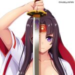  1girl ad arm_up black_hair closed_mouth commentary_request company_name dot_nose hairband headband holding holding_sword holding_weapon japanese_clothes kimono long_hair looking_at_viewer official_art one_eye_covered open_clothes open_kimono promotional_art purple_eyes queen&#039;s_blade red_hairband short_sleeves sidelocks simple_background solo straight-on sword tomoe_(queen&#039;s_blade) weapon white_background white_kimono wide_sleeves 