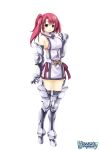  1girl armor atelier-moo bare_shoulders blue_eyes breasts closed_mouth detached_sleeves full_body hair_between_eyes highres japanese_armor kote large_breasts long_hair miniskirt red_hair side_ponytail sideboob skirt sleeveless smile solo spica_celest wizards_symphony zettai_ryouiki 