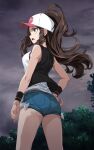  1girl ass bare_legs baseball_cap black_shirt blue_shorts brown_hair cloud cloudy_sky cowboy_shot d: floating_hair from_side grey_eyes hand_on_own_hip hat high_ponytail highres hilda_(pokemon) long_hair open_clothes open_mouth open_shirt outdoors poke_ball_print pokemon pokemon_bw print_headwear profile shirt short_shorts shorts sky sleeveless sleeveless_shirt solo standing tsukishiro_saika very_long_hair white_headwear white_shirt wristband 