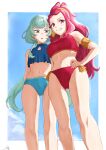  2girls aikatsu!_(series) aikatsu_friends! alicia_charlotte aqua_hair bikini blue_bikini blue_sky breast_envy breasts cloud flat_chest from_below highres long_hair looking_at_another looking_at_viewer low_twintails medium_breasts multiple_girls navel open_mouth osame pink_eyes pink_hair red_bikini sky smile swimsuit tensho_hibiki twintails 
