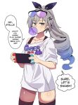  1girl absurdres alternate_costume commentary gradient_hair grey_eyes grey_hair handheld_game_console highres hinghoi holding holding_handheld_game_console honkai:_star_rail honkai_(series) long_hair multicolored_hair nintendo_switch silver_wolf_(honkai:_star_rail) simple_background solo very_long_hair white_background 