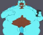 2024 animal_crossing anthro balls bear beardo_(animal_crossing) belly big_belly blue_body cellphone electronics genitals hi_res male mammal moobs nintendo nipples obese obese_male overweight overweight_male penis phone simple_background smartphone smut_leo solo