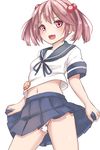  blue_ribbon blue_skirt blush fang fingernails food_print from_below hair_bobbles hair_ornament kantai_collection lifted_by_self looking_at_viewer midriff navel panties pink_eyes pink_hair pleated_skirt print_panties ribbon sazanami_(kantai_collection) school_uniform serafuku short_hair short_sleeves simple_background skirt skirt_lift sleeve_cuffs solo standing stomach strawberry_panties strawberry_print tokoi tooth twintails underwear upskirt white_background 