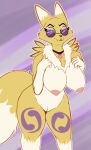 absurd_res anthro areola bandai_namco big_breasts big_butt big_nipples black_sclera blonde_hair blue_eyes breasts butt canid canine canis circle_glasses digimon digimon_(species) eyewear eyewear_only female fox fur genitals glasses glasses_on_face glasses_only hair hi_res jewelry looking_at_viewer mammal markings marks_on_body necklace nipples nude pink_areola pink_nipples pussy red_fox rena_(yourdigimongirl) renamon skade_(artist) smile solo true_fox wearing_glasses white_breasts yellow_body yellow_fur