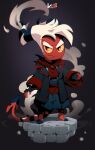 angry anthro chibi clothed clothing fingerless_gloves frown gloves hair handwear hi_res hooves horn imp jacket male red_body red_skin solo spikes spikes_(anatomy) topwear vesper_art vic_the_imp white_hair