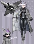  1girl absurdres aircraft artist_name belt black_bodysuit black_gloves bodysuit bomb closed_mouth english_text explosive expressionless f-35_lightning_ii full_body gloves grey_hair headgear highres hood hood_up long_sleeves looking_at_viewer mecha_musume military military_vehicle multiple_views original pandramodo purple_eyes rocket short_hair solo standing twitter_username upper_body 