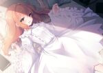  1girl blush collared_dress dress frilled_sleeves frills indoors long_hair long_sleeves lying motoori_kosuzu nightgown on_back open_mouth orange_eyes orange_hair pillow sen1986 sleepwear solo touhou white_dress wide_sleeves 