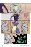 bastriw canid canine canis comic dialogue domestic_cat felid feline felis green_eyes hi_res male mammal nico_(bastriw) pato_(bastriw) purple_eyes text wolf