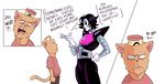  anthro bandage brown_fur burgerpants cat clothed clothing comic confusion dialogue digital_media_(artwork) duo english_text feline fur hand_on_hip hat machine male mammal mettaton open_mouth pants pink_nose rabiscosetal robot shirt shoulder_pads simple_background text undertale video_games white_background 