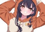  1girl absurdres animal_hood black_hair boku_no_kokoro_no_yabai_yatsu brown_hair grin highres hood hood_up hoodie long_hair looking_at_viewer mekato mole mole_on_neck orange_hoodie simple_background smile solo teeth white_background yamada_anna 