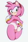 amy_rose anthro blush breasts butt clothed clothing euf-dreamer eulipotyphlan female gloves gloves_only handwear handwear_only hedgehog hi_res looking_at_viewer looking_back mammal mostly_nude panties panties_only sega side_boob simple_background solo sonic_the_hedgehog_(series) topless underwear underwear_only white_background