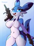 absurd_res anthro blue_body blue_eyes breasts chillet featureless_breasts featureless_crotch female gun hi_res horn multicolored_body nude open_mouth pal_(species) palworld pinup plecopsar pocketpair pose ranged_weapon shaded simple_background smile solo standing submachine_gun tongue uzi weapon wide_hips