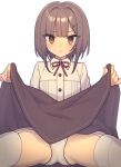  1girl :&lt; ass_visible_through_thighs black_skirt blunt_bangs blush breasts brown_eyes brown_hair buttons clothes_lift collared_shirt commentary dress_shirt everyntrge flashing frown garter_straps hair_ornament hairclip looking_at_viewer original paid_reward_available panties red_ribbon ribbon shirt short_hair sidelocks simple_background skirt skirt_lift small_breasts solo spread_legs sweatdrop thighhighs underwear white_background white_panties white_thighhighs 