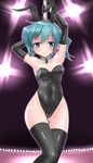  animal_ears bunny_ears bunnysuit cameltoe detached_collar elbow_gloves gloves green_eyes green_hair hidamari_sketch highres insight nori pole_dancing ribbon short_hair solo stripper_pole thighhighs 