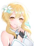  1girl bare_shoulders blonde_hair breasts cleavage commentary_request flower genshin_impact hair_flower hair_ornament highres large_breasts long_hair lumine_(genshin_impact) simple_background solo suzuori_fika upper_body white_background white_flower yellow_eyes 