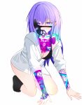  absurdres all_fours black_socks chest_tattoo ear_piercing heart heart-shaped_pupils highres looking_at_viewer mask mask_on_head non-web_source original piercing purple_eyes purple_hair shirt smirk socks symbol-shaped_pupils tattoo thighs white_background white_shirt 