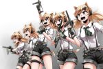  5girls :d animal_ears belt blonde_hair breasts cat_ears cat_tail clenched_hand fang fingerless_gloves girls_frontline gloves grey_eyes gun headset highres holding holding_gun holding_weapon idw_(girls_frontline) long_hair multiple_girls necktie open_mouth panties shorts smile suspenders tail teeth thigh_strap twintails underwear weapon yaruku 