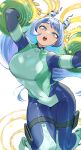  1girl absurdres blue_bodysuit blue_eyes blue_hair bodysuit boku_no_hero_academia breasts bright_pupils drill_hair fengling_(furin-jp) gloves green_bodysuit hadou_nejire highres long_hair looking_at_viewer multicolored_bodysuit multicolored_clothes open_mouth simple_background skin_tight solo superhero very_long_hair white_background white_pupils 