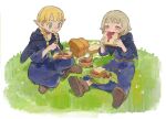  2girls 4sssst :p belt berry blanket blonde_hair blue_capelet blue_robe blush_stickers boots bowl braid bread bread_slice bright_pupils brown_belt brown_footwear brown_hair capelet choker closed_mouth commentary_request dot_nose dungeon_meshi eating elf falin_thorden food food_in_mouth grass green_eyes hair_over_shoulder highres holding holding_food holding_spoon indian_style jam leaf long_pointy_ears long_sleeves low_twin_braids marcille_donato multiple_girls pointy_ears red_choker robe shoe_soles short_hair sitting spoon tongue tongue_out twin_braids twitter_username white_pupils 