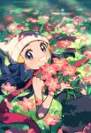  1girl beanie black_hair blue_eyes blue_hair bracelet chueog dawn_(pokemon) eyelashes flower grass hair_ornament hairclip hat highres holding holding_flower jewelry long_hair looking_at_viewer on_grass pink_flower pokemon scarf shirt skirt sleeveless smile solo sunlight white_headwear 