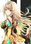  1girl bare_shoulders black_bodysuit blonde_hair bodysuit breasts commentary_request dress earrings floating_hair highres jewelry long_hair looking_at_viewer medium_breasts mythra_(xenoblade) official_alternate_color solo super_smash_bros. swept_bangs tiara ui_frara very_long_hair xenoblade_chronicles_(series) xenoblade_chronicles_2 yellow_dress 