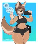 absurd_res anthro athletic_wear blushbrush brown_hair canid canine cellphone clothed clothing dialogue electronics erection erection_under_clothing eyewear glasses gynomorph hair hi_res intersex mammal phone solo speech_bubble tail