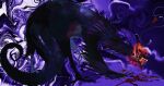  abstract_background animal animal_focus black_skin blood colored_skin creature feathers full_body highres kamikiririp monster no_humans open_mouth original purple_feathers purple_theme sharp_teeth tail talons teeth 