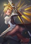  ass blonde_hair blue_eyes blush bodysuit boots breasts cameltoe gloves high_ponytail knee_boots large_breasts long_hair mechanical_halo mechanical_wings mercy_(overwatch) no_panties open_mouth overwatch pantyhose ponytail rebe11 solo staff tabard wings yellow_wings 