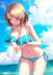  1girl alternate_breast_size arms_under_breasts azur_lane beach bikini blonde_hair blue_bikini blue_eyes blue_sky blush breast_rest breasts brown_hair cleavage commentary_request commission day embarrassed flower frilled_bikini frills frown gradient_flower hair_flower hair_ornament half-closed_eyes highres hip_focus large_breasts leaning_forward looking_at_viewer medium_hair navel ocean orange_flower outdoors pixiv_commission side-tie_bikini_bottom sky solo swimsuit thighs wet yellow_flower yuuki1103 z23_(azur_lane) 