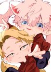  2boys animal_ears blonde_hair blue_eyes blurry cat_boy cat_ears chibi closed_mouth depth_of_field gojou_satoru highres jujutsu_kaisen light_blush light_frown male_focus multiple_boys nanami_kento nekonii open_mouth pink_hair short_hair simple_background tail twitter_username v white_background 