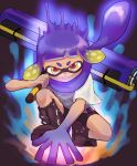  1boy aura blonde_hair boots brown_footwear carbon_roller_(splatoon) closed_mouth commentary_request full_body gradient_hair highres holding holding_weapon inkling inkling_boy inkling_player_character long_hair looking_at_viewer male_focus multicolored_hair nastar_r0 purple_hair shirt smile solo splatoon_(series) splatoon_3 tentacle_hair two-tone_hair v-shaped_eyebrows weapon white_shirt yellow_eyes 