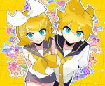  1boy 1girl arms_behind_back bare_shoulders black_sailor_collar black_shorts blonde_hair blue_eyes bow grey_sailor_collar grey_shorts hair_between_eyes hair_bow hair_ornament hairclip highres kagamine_len kagamine_rin looking_at_viewer neckerchief necktie outline patterned_background pov sailor_collar shirt short_hair short_ponytail short_sleeves shorts siblings sleeveless sleeveless_shirt smile sparkle swept_bangs takamiya_yuu teeth twins vocaloid white_bow white_outline white_shirt yellow_background yellow_neckerchief yellow_necktie 