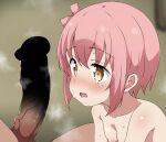 1boy 1girl absurdres blurry blurry_background blush breasts censored collarbone drooling erection from_side hair_between_eyes hair_ornament highres ichinose_hana looking_ahead looking_at_penis nipples nose_blush nude open_mouth penis penis_awe pink_hair riyo_(aokiwazumi) short_hair slow_start small_breasts steam sweat upper_body veins veiny_penis yellow_eyes 