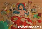  1girl bird blue_hair blush futon highres long_hair lying navel on_back original osakana_(osakanagazoubot) pajamas parted_lips sleeping smile solo star_(symbol) stuffed_toy under_covers 