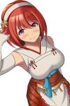  1girl absurdres breasts closed_mouth commentary commission detached_sleeves fire_emblem fire_emblem_fates from_above hairband highres large_breasts long_hair looking_at_viewer red_eyes red_hair sakura_(fire_emblem) scrapy simple_background smile solo tassel white_background white_hairband white_sleeves 