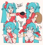  1girl absurdres arm_ribbon blue_eyes blue_hair bow bowtie braided_hair_rings cheek_poking christmas coal concentrating cremanata dress english_text fake_beard fake_facial_hair frown fur-trimmed_gloves fur_trim gloves hair_bow halter_dress halterneck hand_on_own_chin hatsune_miku heart highres holding holding_paper holding_rock holding_sack long_hair multiple_views one_eye_closed open_mouth paper poking ribbon rock sack santa_costume sleeveless sleeveless_dress smile speech_bubble tongue tongue_out twintails upside-down_text v-shaped_eyebrows vocaloid white_background 