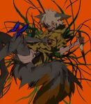  1boy blood bruise bug butterfly colored_sclera furry furry_male grass grey_fur grey_tail hand_on_own_chest highres holding holding_knife hood hoodie injury kamikiririp knife orange_background original red_eyes yellow_hoodie yellow_sclera 