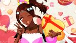  1girl ;d absurdres bare_shoulders box brown_hair cookie dark-skinned_female dark_skin fire_emblem fire_emblem_engage food gift gift_box heart-shaped_box highres holding holding_gift incoming_gift looking_at_viewer one_eye_closed open_mouth ponytail s_n_reon smile solo star-shaped_pupils star_(symbol) symbol-shaped_pupils timerra_(fire_emblem) upper_body v 