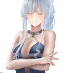  1girl absurdres ak-12_(girls&#039;_frontline) ak-12_(quiet_azure)_(girls&#039;_frontline) artist_name blue_dress breasts cleavage closed_eyes closed_mouth cozie178 crossed_arms dress girls&#039;_frontline grey_hair halter_dress halterneck highres long_hair official_alternate_costume smile solo straight-on upper_body white_background 