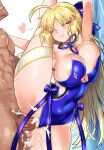  ! 1boy 1girl absurdres ahoge alternate_breast_size arm_up artoria_caster_(fate) artoria_caster_(swimsuit)_(fate) artoria_caster_(swimsuit)_(third_ascension)_(fate) artoria_pendragon_(fate) bare_shoulders blonde_hair blue_one-piece_swimsuit blue_ribbon blush bow breasts cleavage closed_eyes covered_navel cum cum_in_pussy ebora ejaculation facial_mark fate/grand_order fate_(series) forehead_mark hair_bow hetero highleg highleg_swimsuit highres large_breasts leg_lift leg_up long_hair one-piece_swimsuit parted_bangs penis pussy ribbon sex sex_from_behind smile standing standing_sex swimsuit testicles thighs twintails vaginal very_long_hair 