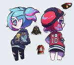  1boy 1girl black_jacket black_pants black_shorts blue_hair closed_mouth commentary_request cropped_legs game_screenshot_inset goggles goggles_on_head grey_background hands_in_pockets highres inkling inkling_boy inkling_girl inkling_player_character jacket korean_commentary looking_back medium_hair multicolored_hair pants pink_eyes pink_hair pointy_ears print_jacket purple_eyes red_hair red_pupils red_trim reference_inset short_shorts shorts simple_background splatoon_(series) splatoon_3 standing tentacle_hair torn_clothes torn_pants two-tone_hair ufo_sw yen_sign 