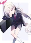  1girl black_shorts blue_archive blush collared_shirt feet_out_of_frame fingernails grey_hair grin halo highres long_hair long_sleeves looking_at_viewer mutsuki_(blue_archive) mutsuki_(suit)_(blue_archive) necktie official_alternate_costume pink_eyes pointy_ears ponytail red_halo red_necktie shirt shorts signalviolet smile socks solo suit white_shirt white_socks 