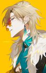  1boy artist_name aventurine_(honkai:_star_rail) black_collar black_vest blonde_hair blue_eyes blue_shirt brown-framed_eyewear clothing_cutout collar collared_shirt earrings fur_trim gold_trim hair_between_eyes heart_cutout highres honkai:_star_rail honkai_(series) jewelry long_sleeves looking_at_viewer male_focus multicolored_eyes open_clothes open_vest orange-tinted_eyewear orange_background purple_eyes shirt short_hair simple_background single_earring solo sparkle standing sunglasses teeth tinted_eyewear toru8w8 upper_body vest 