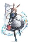  1girl absurdres alternate_costume amiya_(arknights) animal_ears apron arknights blue_eyes bucket franlol highres holding holding_bucket jewelry looking_at_viewer maid maid_apron multiple_rings rabbit_ears rabbit_girl rabbit_tail ring signature solo tail 